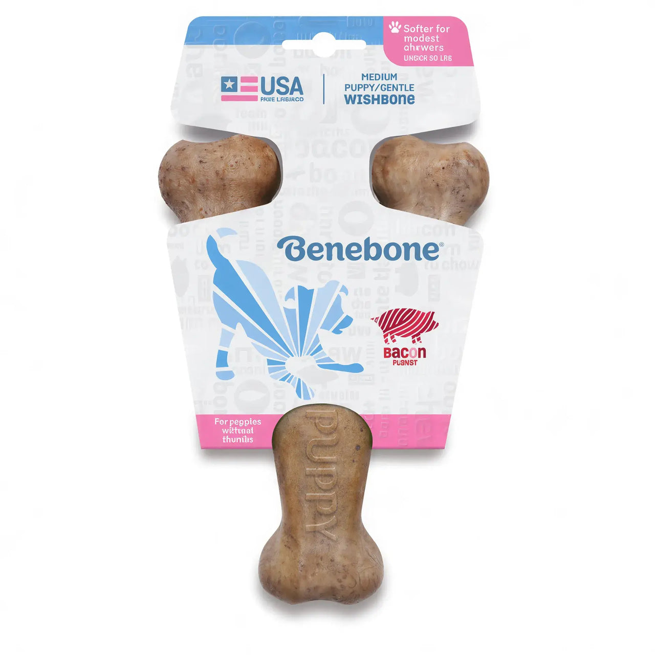 Benebone puppy wishbone in medium size, shaped like a wishbone with a bacon flavor, packaged with colorful branding.