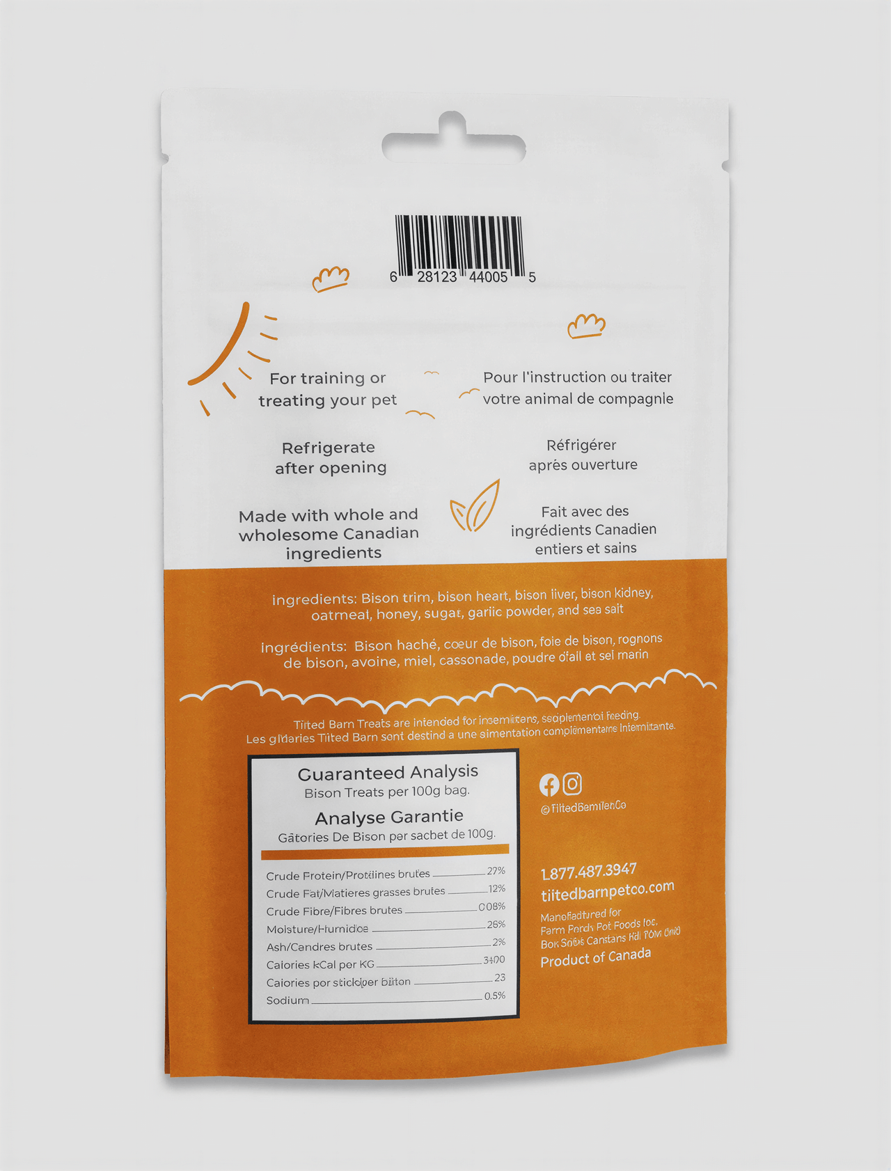 Tilted Barn Canadian bison treats packaging, featuring ingredient list and nutritional analysis on a white background.