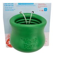 Thumbnail for Green West Paw Toppl dog toy with a round shape and a hollow center, displayed on a blue packaging background.