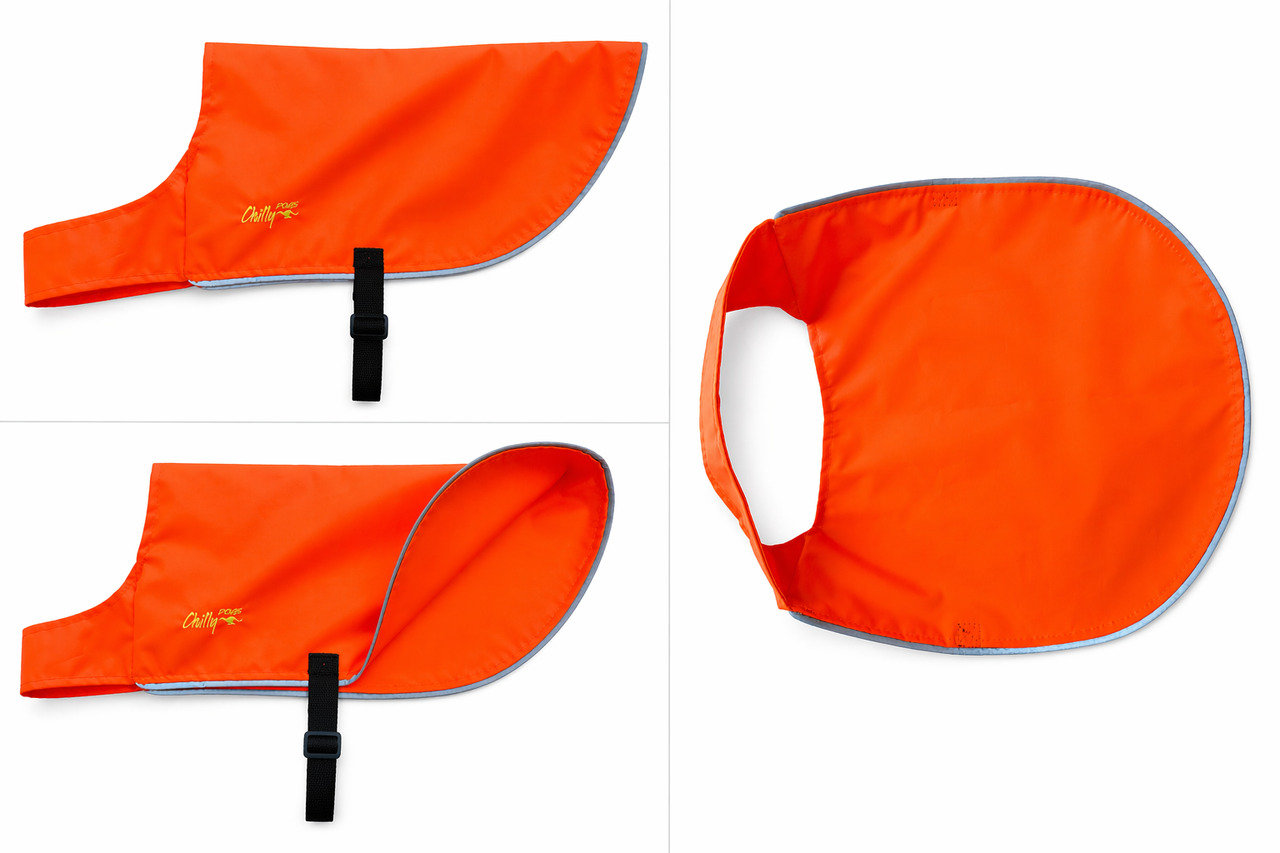 Chilly Dogs high-visibility vest in bright orange in 4 sizes, featuring adjustable straps and a reflective trim for safety.