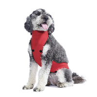 Thumbnail for Belly Bibs in red, designed for outdoor dogs, featuring a button detail and a comfortable fit on a gray dog.