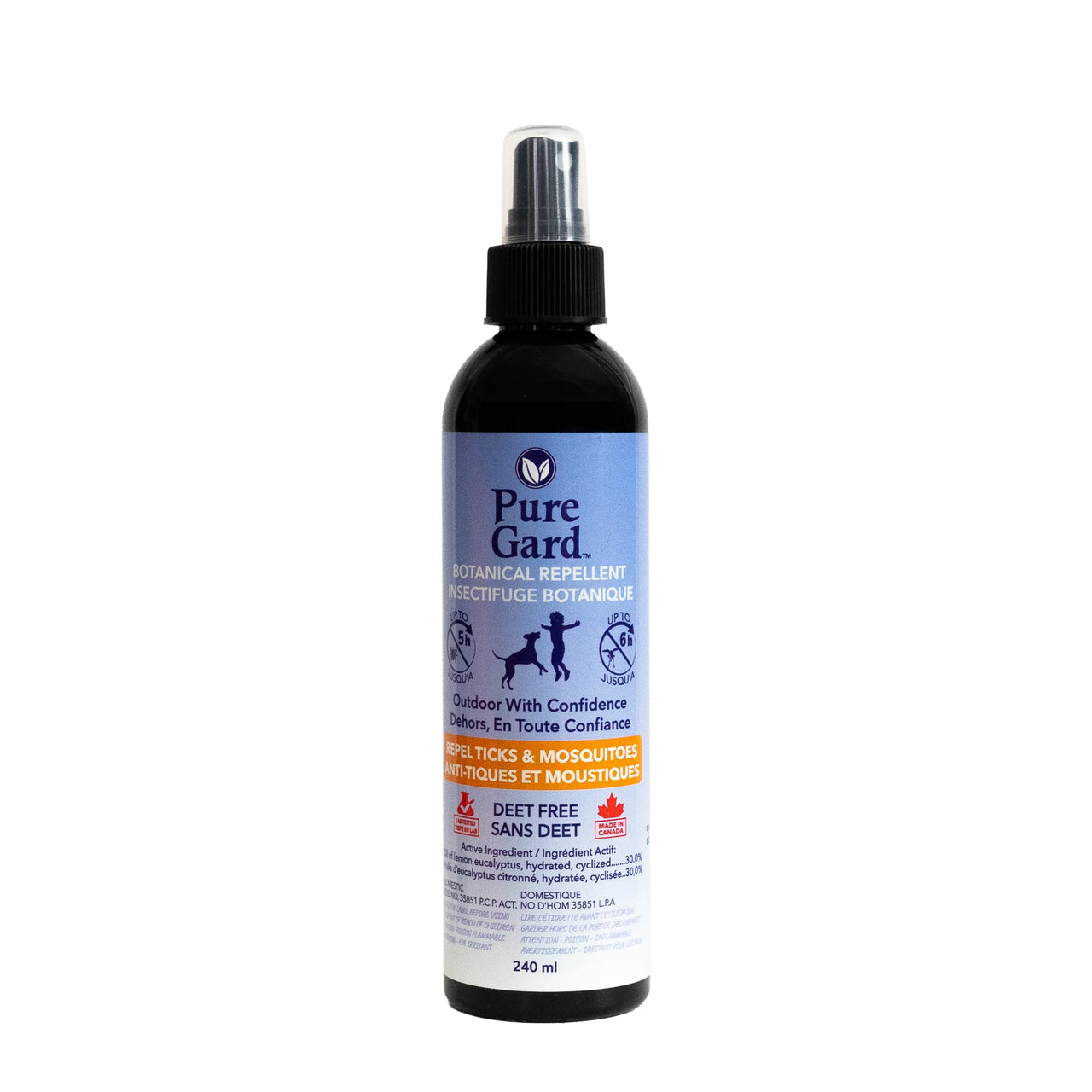 PureGard repellent spray bottle, 240ml, featuring a black spray top and blue label with botanical ingredients.