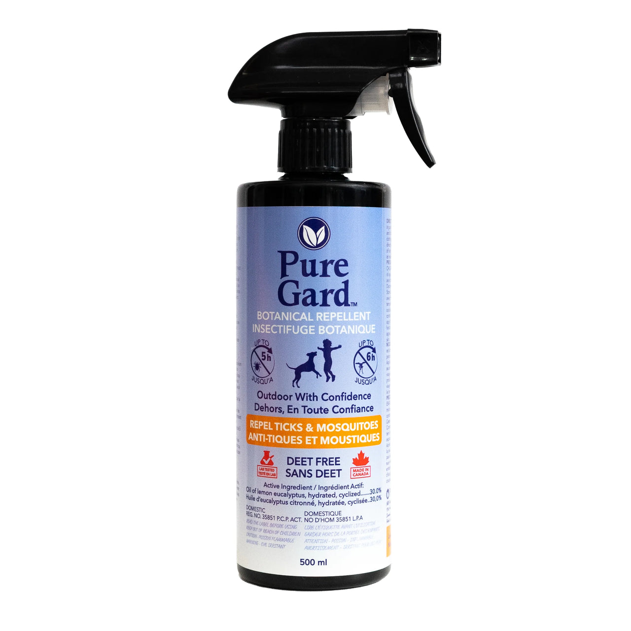 PureGard repellent spray bottle, 500ml, featuring a black spray nozzle and blue label with botanical graphics.