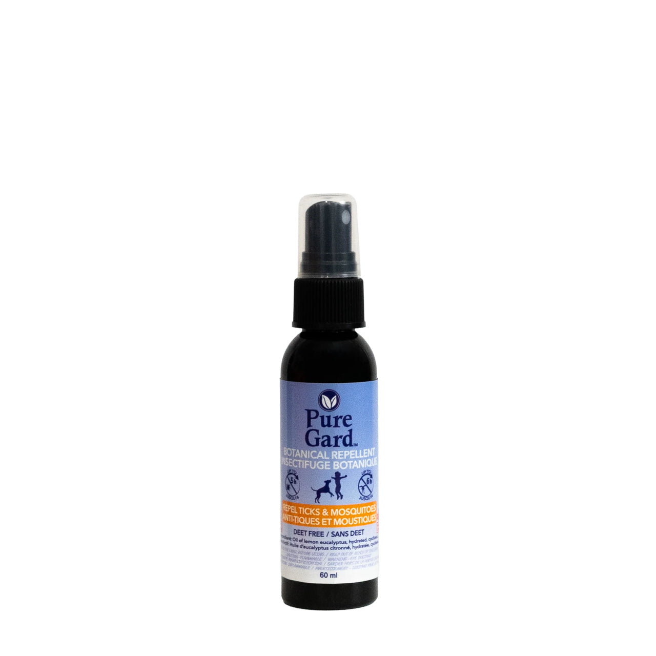 PureGard repellent spray in a 60ml black bottle with a blue label, designed to repel ticks and mosquitoes.