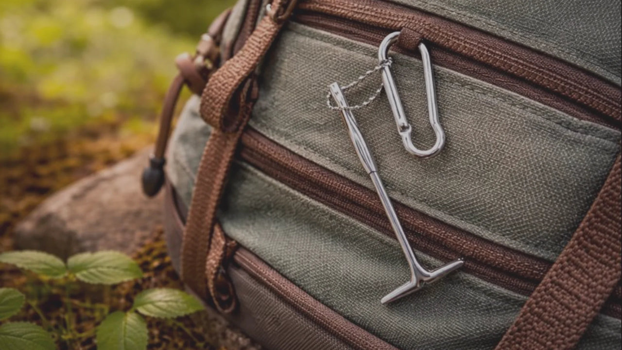 PureGard Evict-A-Tick™ lifter attached to a brown and green backpack, featuring a keychain and carabiner clip.