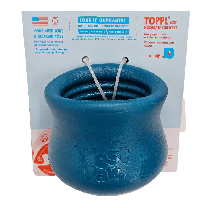 West Paw Toppl in blue, designed for moderate chewers, featuring a unique shape and attached tag with product details.
