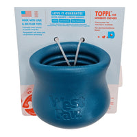Thumbnail for West Paw Toppl in blue, designed for moderate chewers, featuring a unique shape and attached tag with product details.