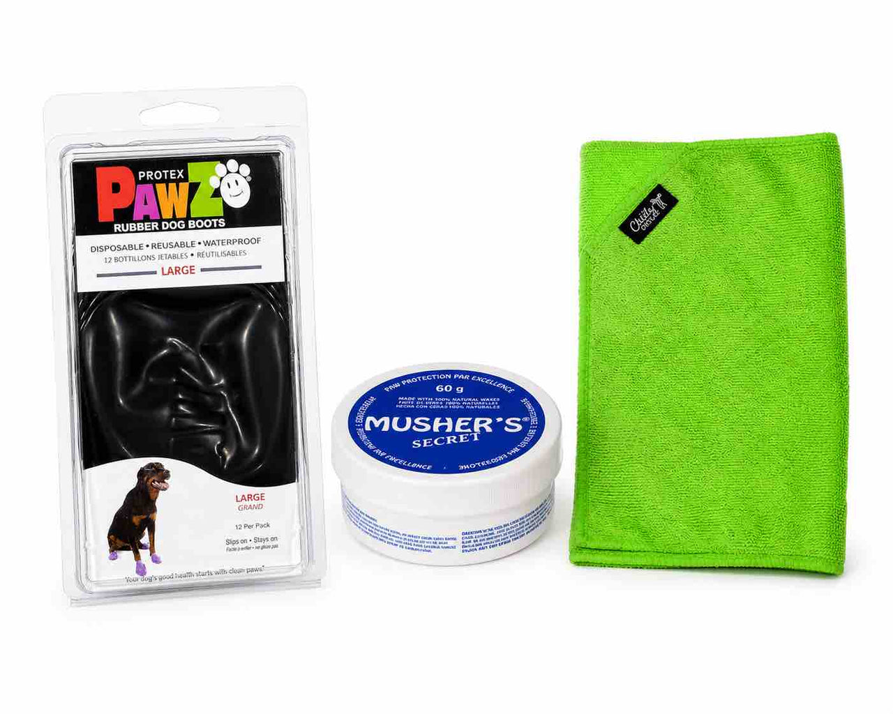 Spring Paw Care Bundle featuring black rubber dog boots, protective cream, and a green cleaning cloth.