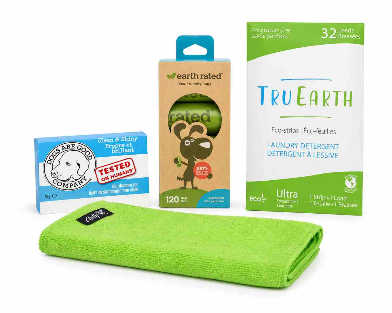 Spring Clean-Up Bundle featuring laundry detergent strips, eco-friendly wipes, and a microfiber cloth in vibrant green.