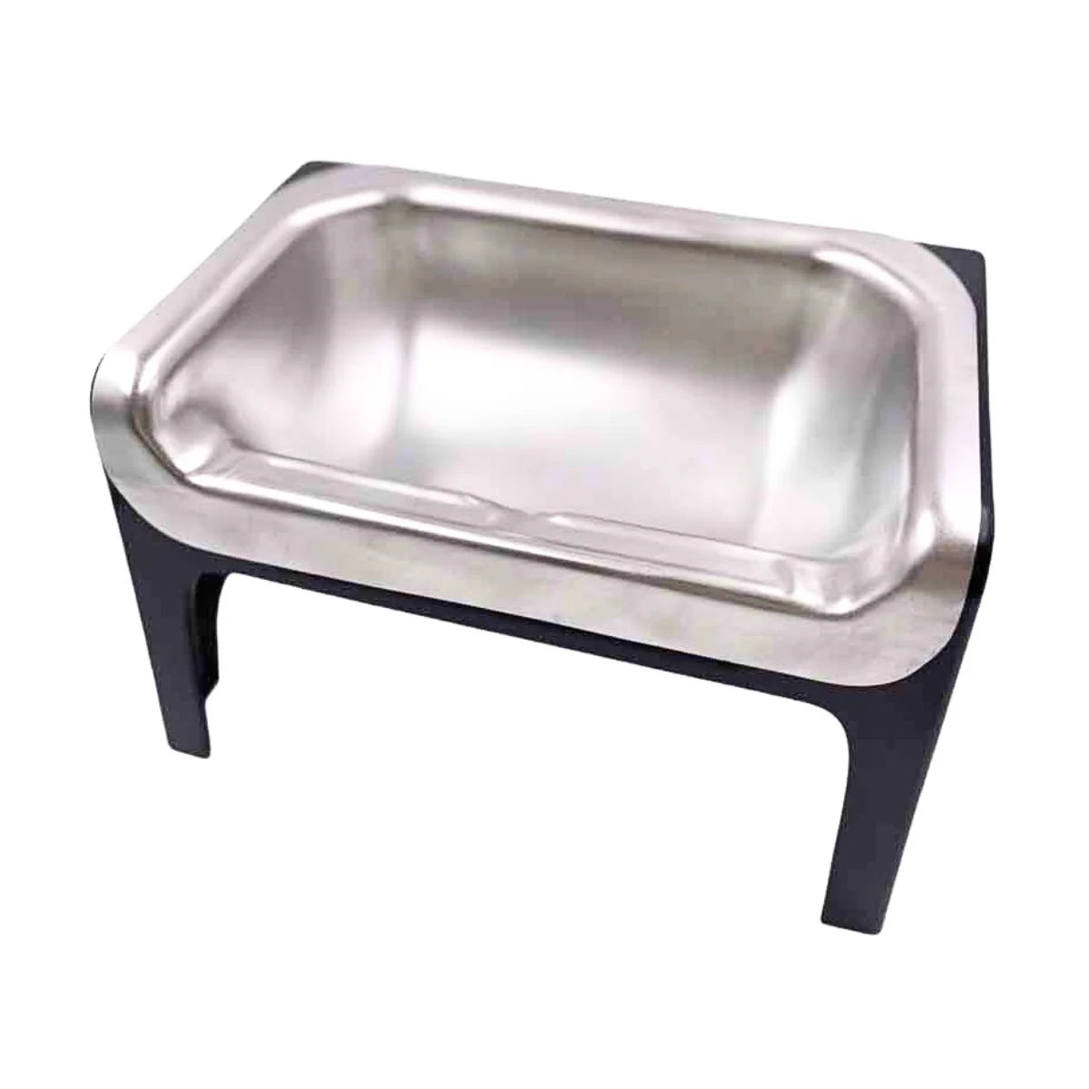 Fluff Trough set in stainless steel, featuring a small black stand and a sleek, polished bowl.