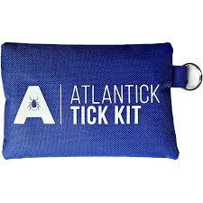 Blue pouch labeled "Atlantic Tick Kit" with a graphic of a tick, featuring a zipper closure and keyring attachment.