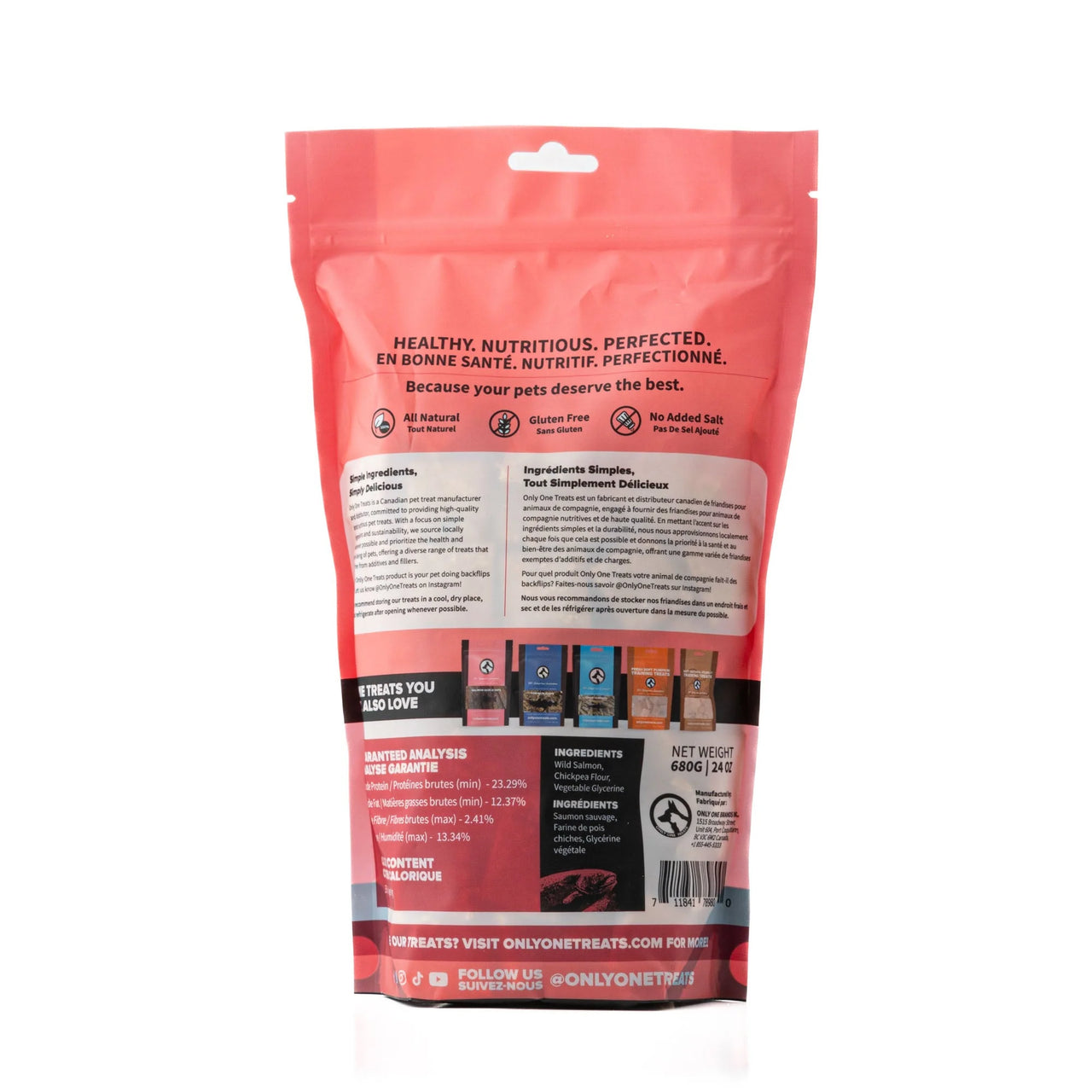 Only One wild Pacific salmon training treats package, featuring a pink background and ingredient details on the back.